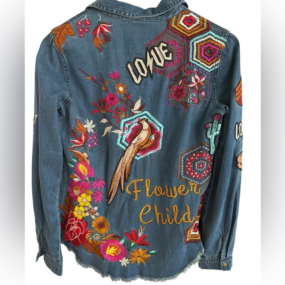 Spell Flower Child Denim Embroidered‎ Button Down Top Shirt- Sm